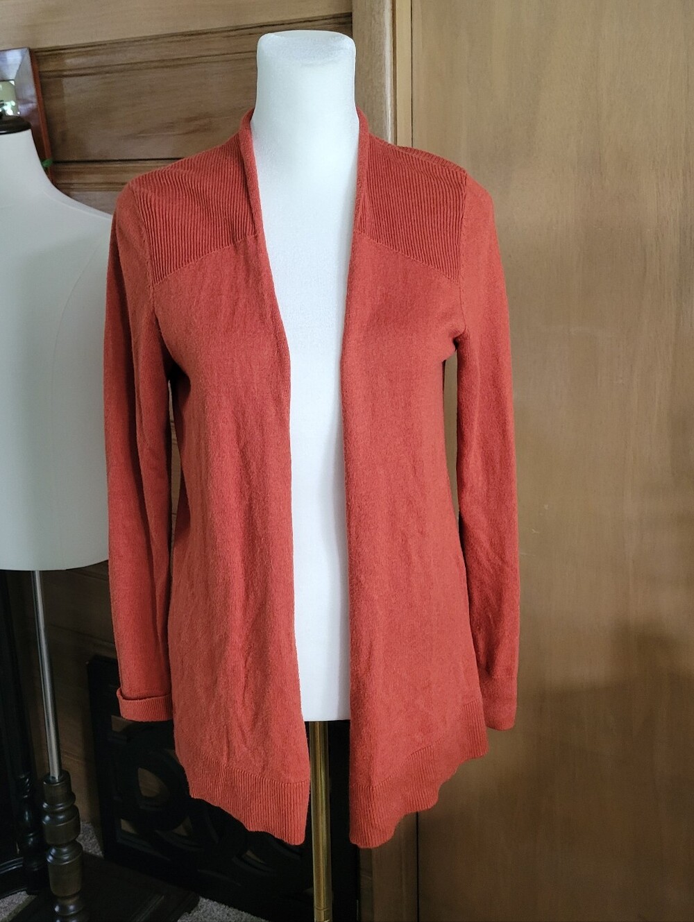 LOFT Open-Front Rust-Orange Knit Cardigan